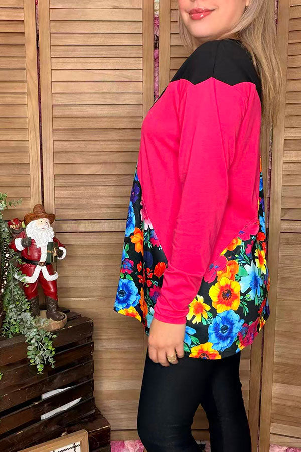 Floral & black & fuchsia color block long sleeve women blouse XCH13960 HS1