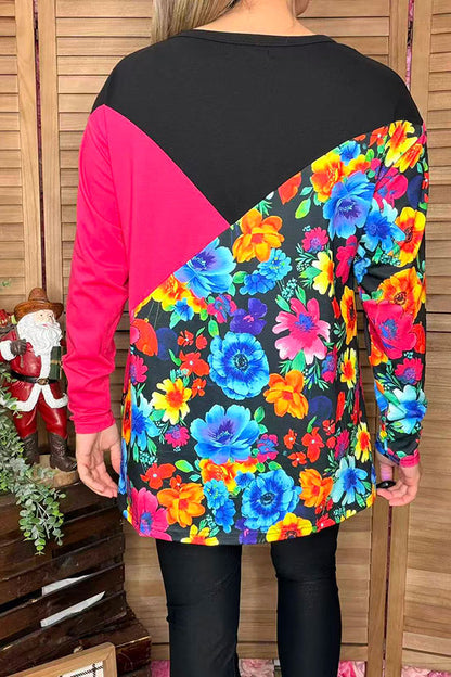 Floral & black & fuchsia color block long sleeve women blouse XCH13960 HS1