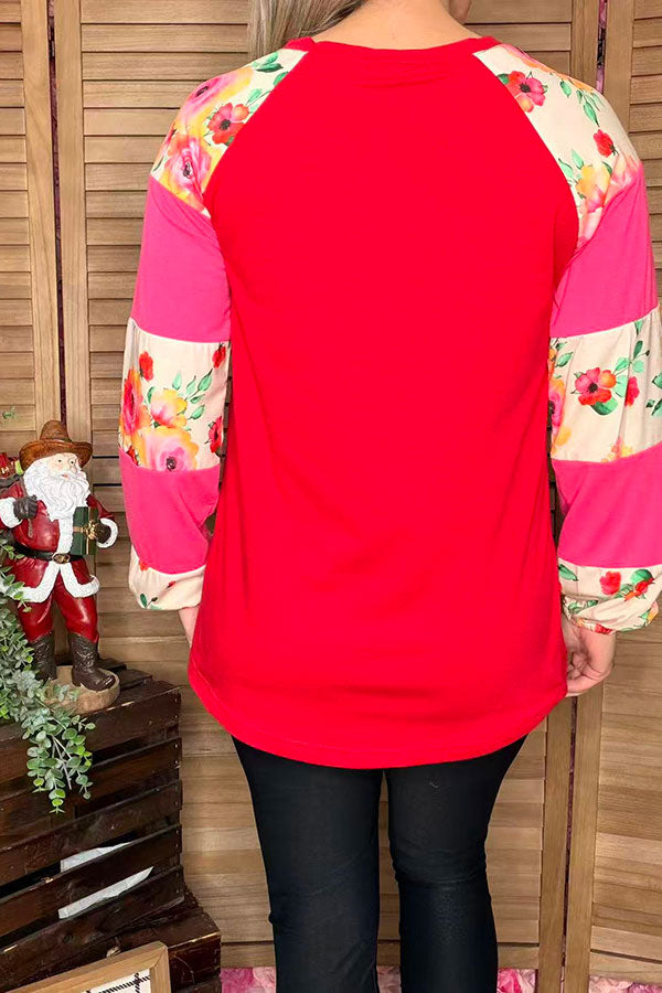 Pink & Floral printed long sleeve red color block women top GJQ14619