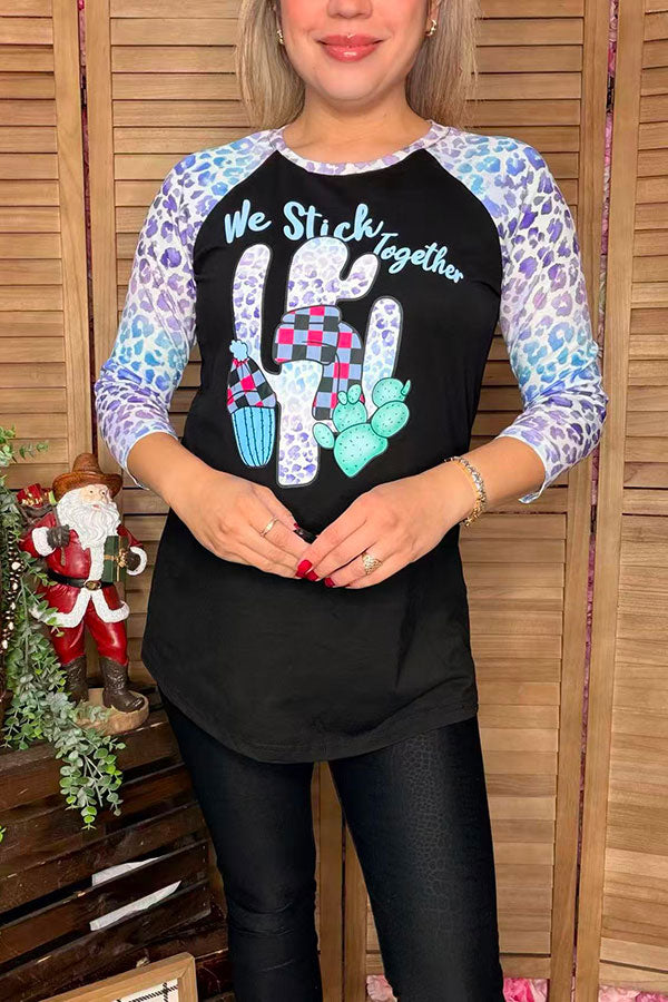 "WE STICK TOGETHER" cactus & leopard printed 3/4 women top DLH10132 CS2