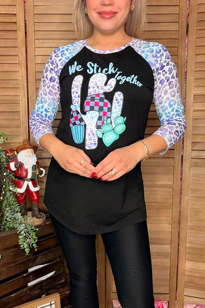 "WE STICK TOGETHER" cactus & leopard printed 3/4 women top DLH10132 CS2