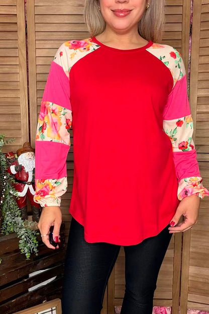 Pink & Floral printed long sleeve red color block women top GJQ14619
