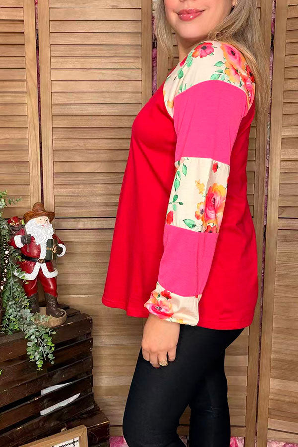 Pink & Floral printed long sleeve red color block women top GJQ14619