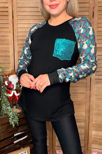 Reindeer printed long sleeve & black & turquoise sequin pocket women top DLH9843-2