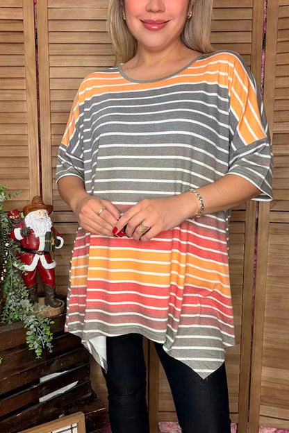 YMY9950 Grey & orange striped irregular bottom women blouse CS8