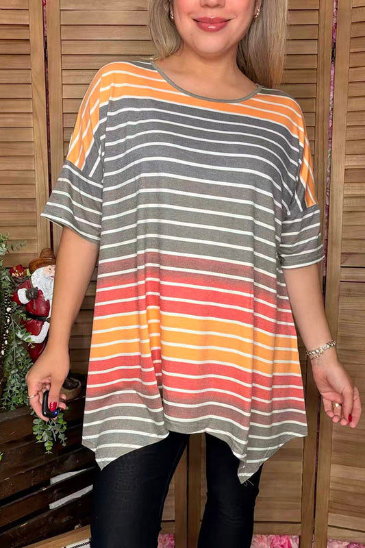 YMY9950 Grey & orange striped irregular bottom women blouse CS8
