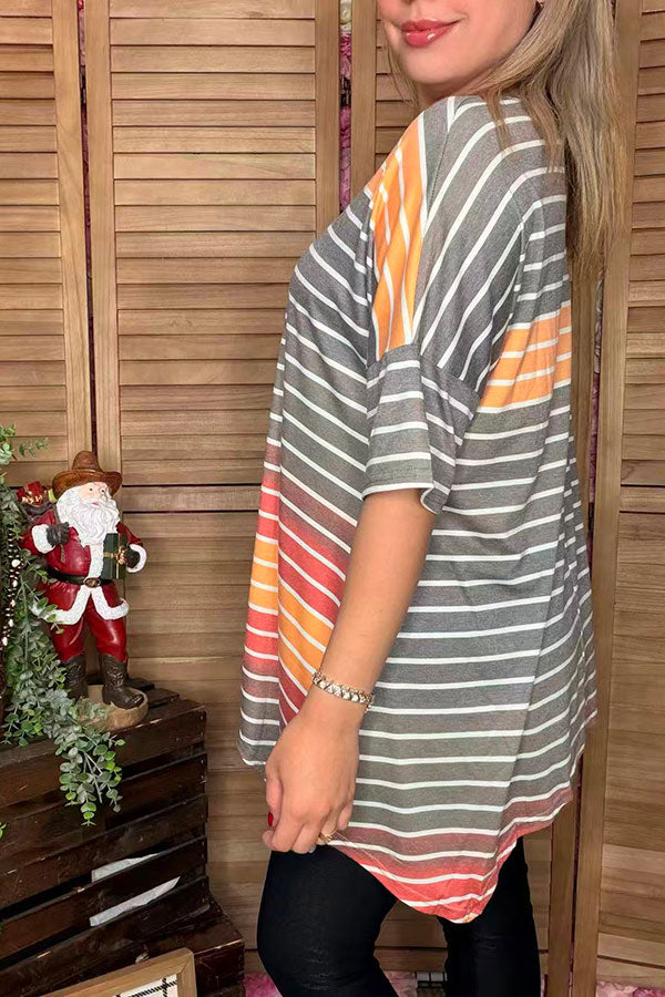 YMY9950 Grey & orange striped irregular bottom women blouse CS8