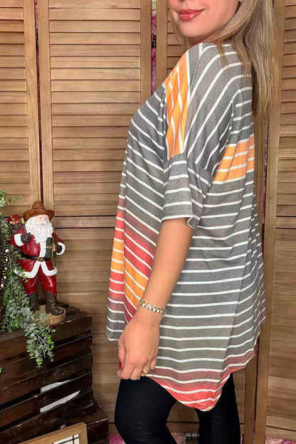 YMY9950 Grey & orange striped irregular bottom women blouse CS8