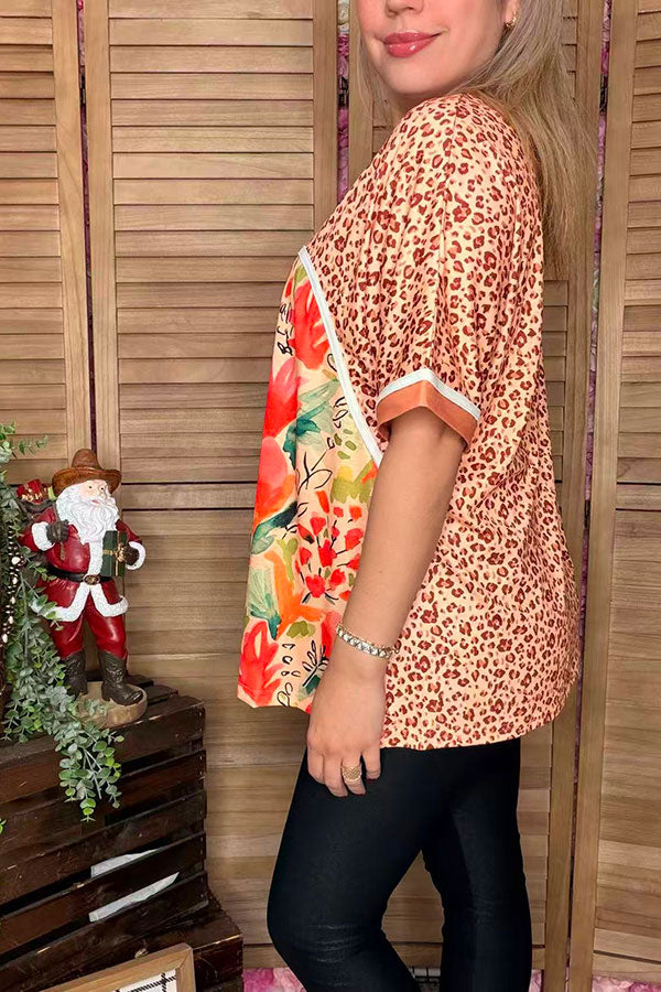 Leopard & floral multi color printed short sleeve women tops XCH13567