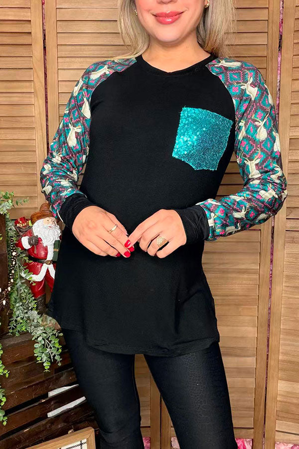 Reindeer printed long sleeve & black & turquoise sequin pocket women top DLH9843-2