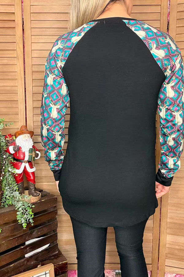 Reindeer printed long sleeve & black & turquoise sequin pocket women top DLH9843-2