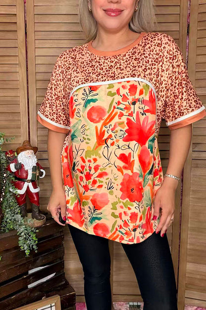 Leopard & floral multi color printed short sleeve women tops XCH13567