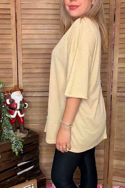 Half horse printed & knitted light tan loose fitting short sleeve women top XCH14343