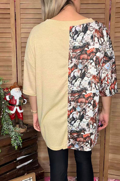 Half horse printed & knitted light tan loose fitting short sleeve women top XCH14343