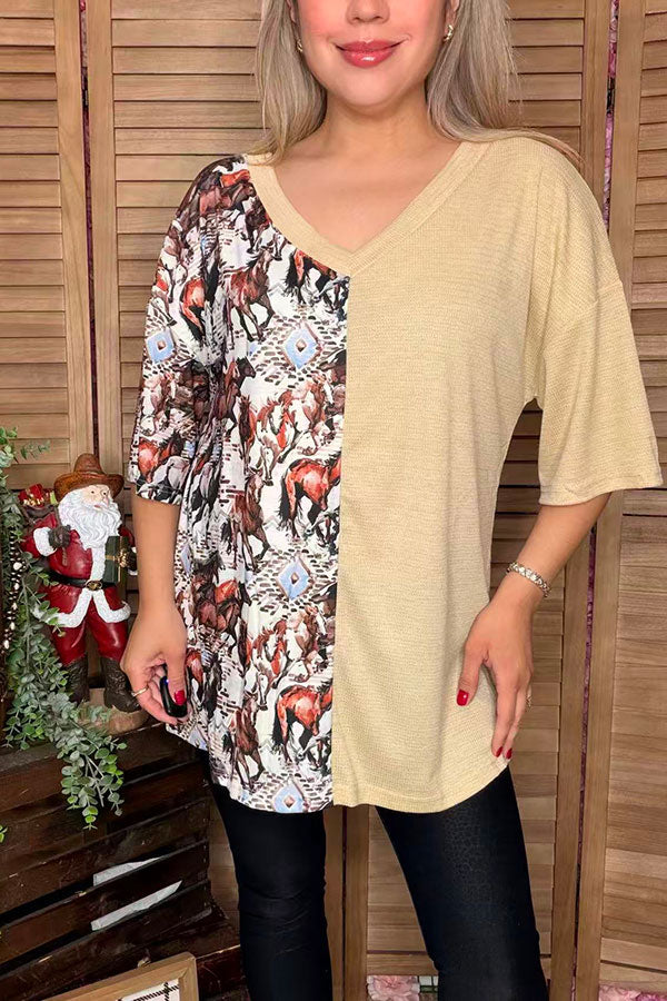 Half horse printed & knitted light tan loose fitting short sleeve women top XCH14343