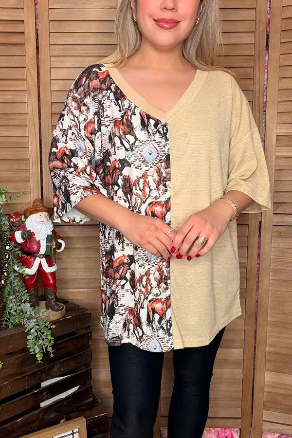Half horse printed & knitted light tan loose fitting short sleeve women top XCH14343