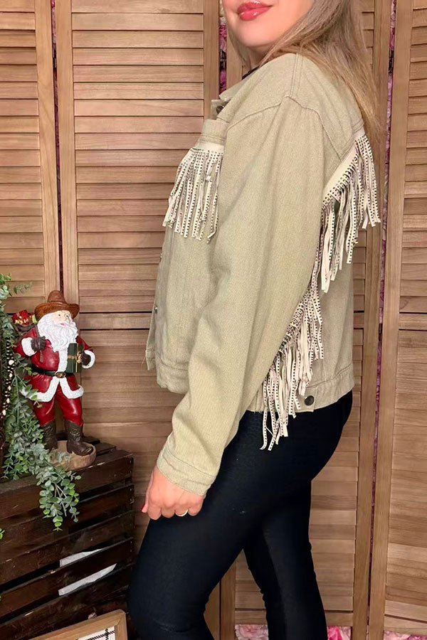 Western studded bling fringe denim long sleeve women jacket/coat DLH13754
