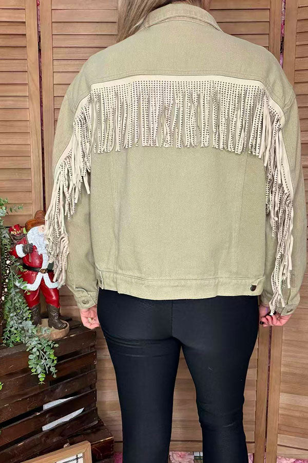 Western studded bling fringe denim long sleeve women jacket/coat DLH13754