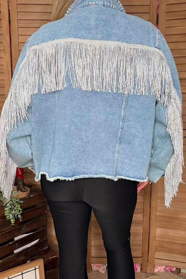 Long sleeve denim women coat with pocket & fringe DLH13702