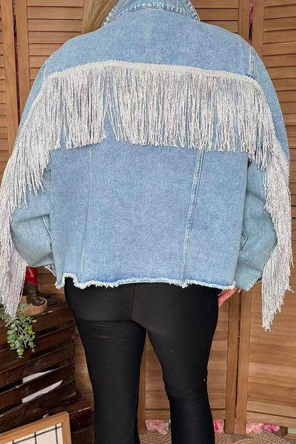 Long sleeve denim women coat with pocket & fringe DLH13702