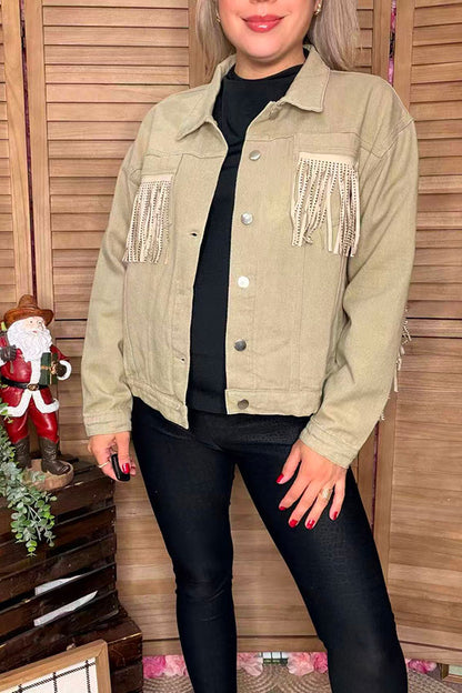 Western studded bling fringe denim long sleeve women jacket/coat DLH13754