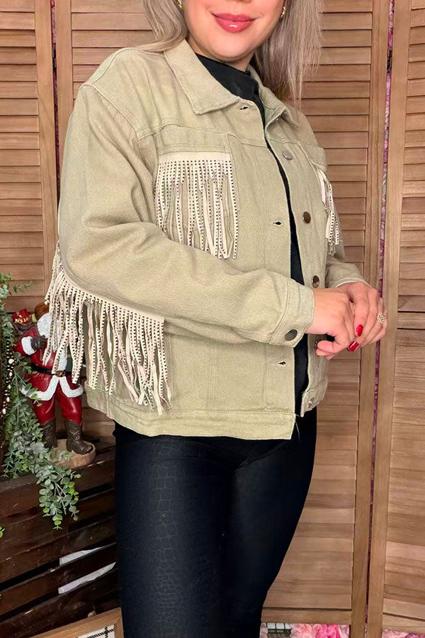 Western studded bling fringe denim long sleeve women jacket/coat DLH13754