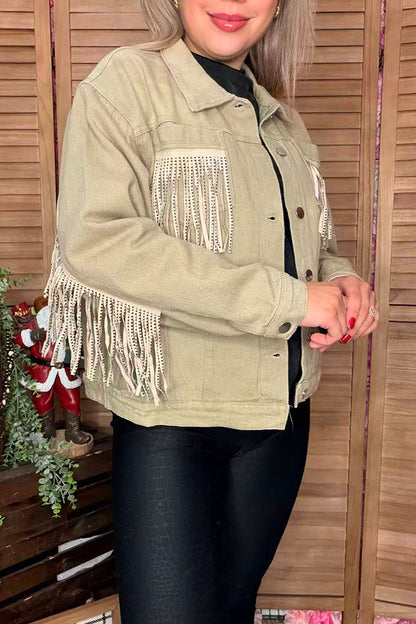 Western studded bling fringe denim long sleeve women jacket/coat DLH13754