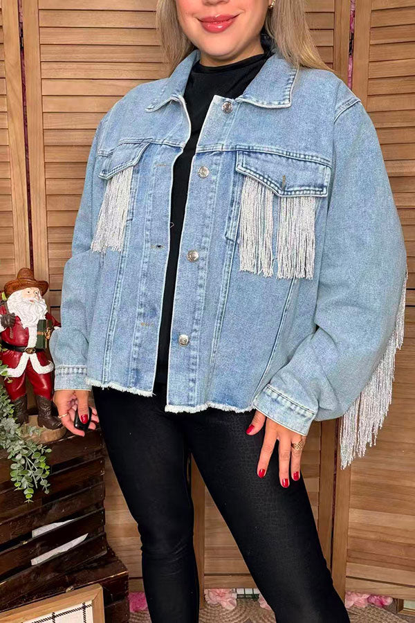 Long sleeve denim women coat with pocket & fringe DLH13702