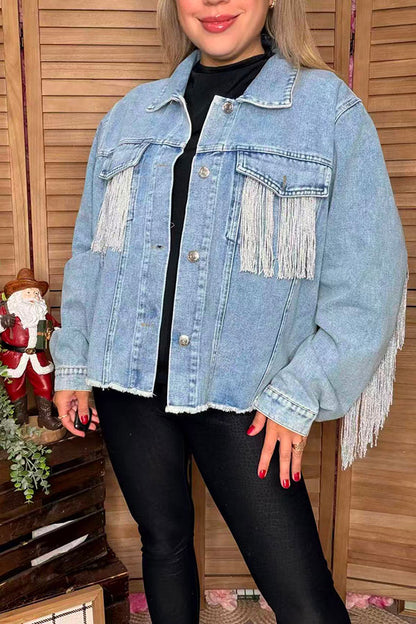 Long sleeve denim women coat with pocket & fringe DLH13702