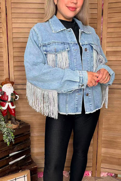 Long sleeve denim women coat with pocket & fringe DLH13702