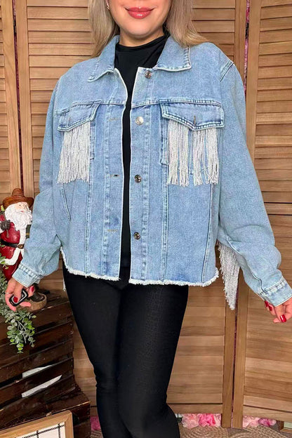 Long sleeve denim women coat with pocket & fringe DLH13702