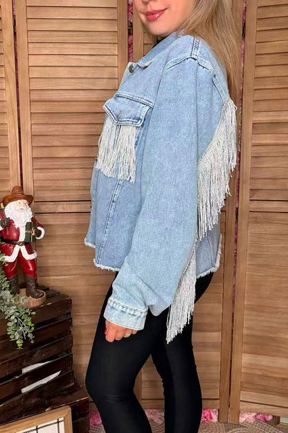 Long sleeve denim women coat with pocket & fringe DLH13702
