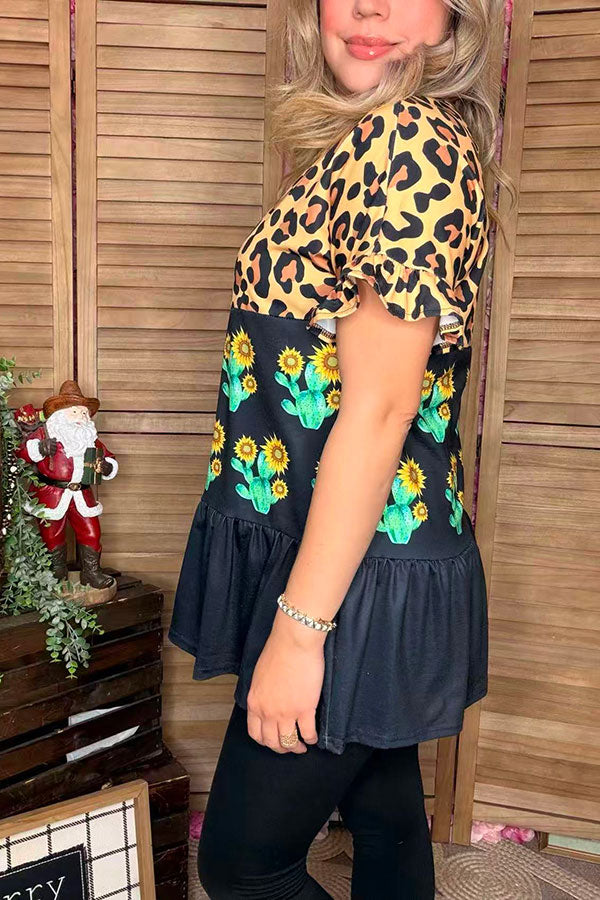 Western leopard & Cactus & Black color block short sleeve women tops BQ13934