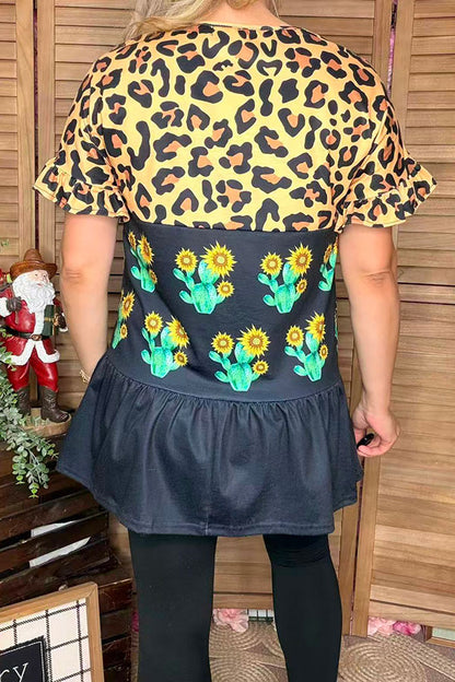 Western leopard & Cactus & Black color block short sleeve women tops BQ13934