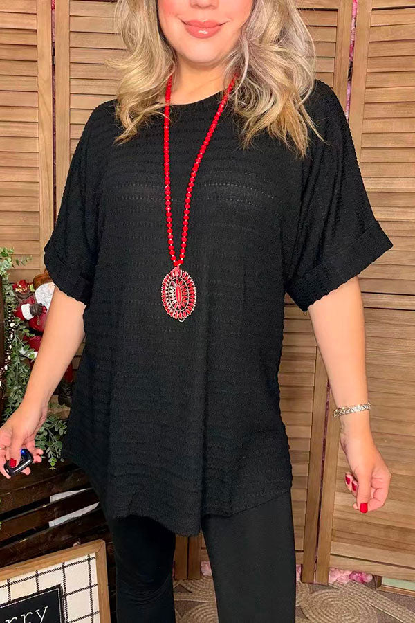 Ribbed knitted fabric black short sleeve loose style women top GJQ15716