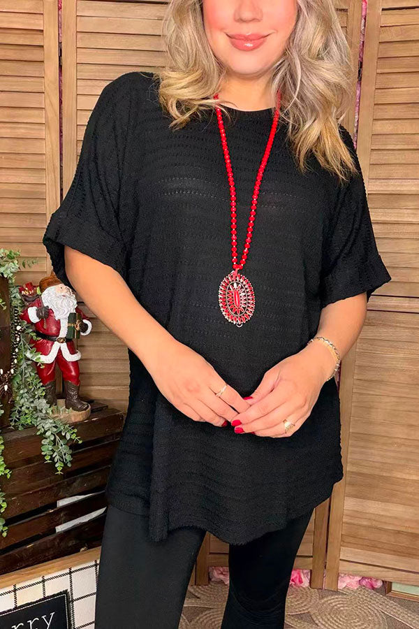 Ribbed knitted fabric black short sleeve loose style women top GJQ15716