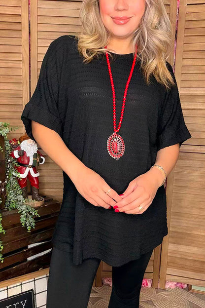 Ribbed knitted fabric black short sleeve loose style women top GJQ15716