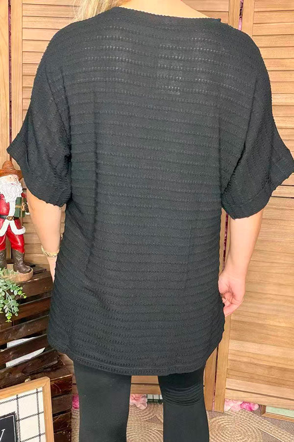 Ribbed knitted fabric black short sleeve loose style women top GJQ15716