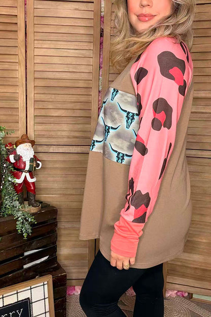 Bull & leopard color blocked raglan long sleeve women tan tops XCH14270