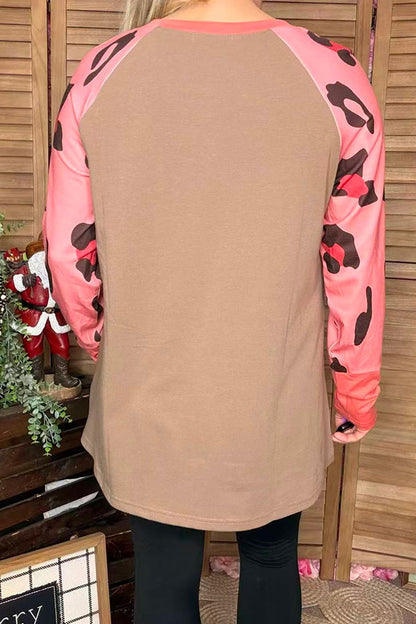 Bull & leopard color blocked raglan long sleeve women tan tops XCH14270