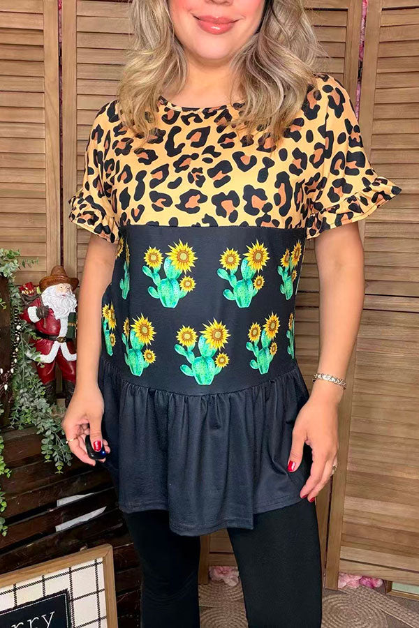 Western leopard & Cactus & Black color block short sleeve women tops BQ13934