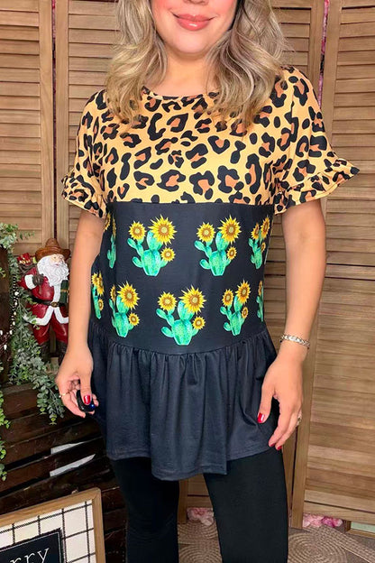 Western leopard & Cactus & Black color block short sleeve women tops BQ13934