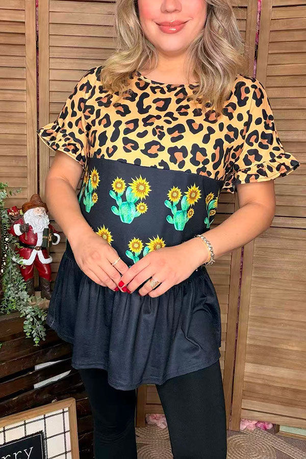 Western leopard & Cactus & Black color block short sleeve women tops BQ13934