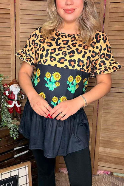 Western leopard & Cactus & Black color block short sleeve women tops BQ13934