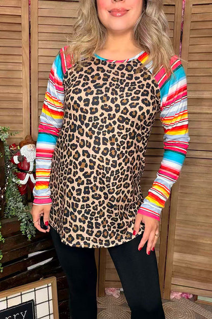 Leopard printed top w/serape multi color long raglan design sleeves women tops YMY9824