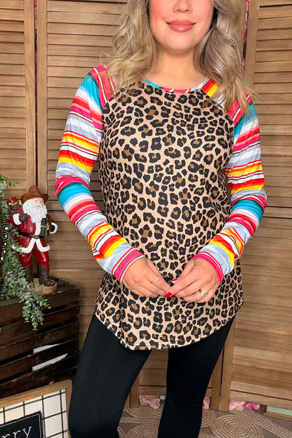 Leopard printed top w/serape multi color long raglan design sleeves women tops YMY9824