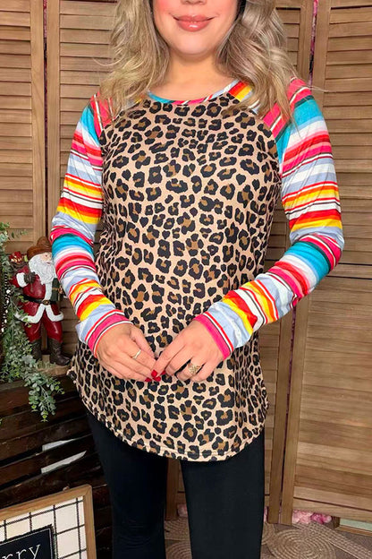 Leopard printed top w/serape multi color long raglan design sleeves women tops YMY9824