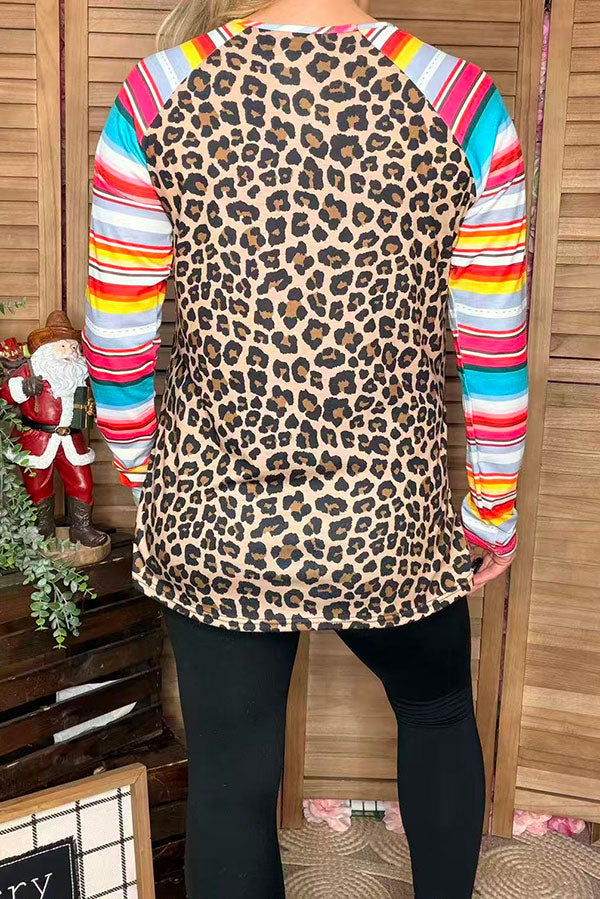 Leopard printed top w/serape multi color long raglan design sleeves women tops YMY9824