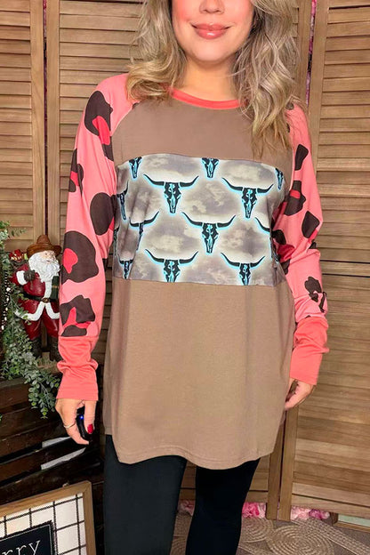 Bull & leopard color blocked raglan long sleeve women tan tops XCH14270