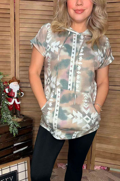 Aztec printed short sleeve hoodie for women w/front pockets GJQ9886